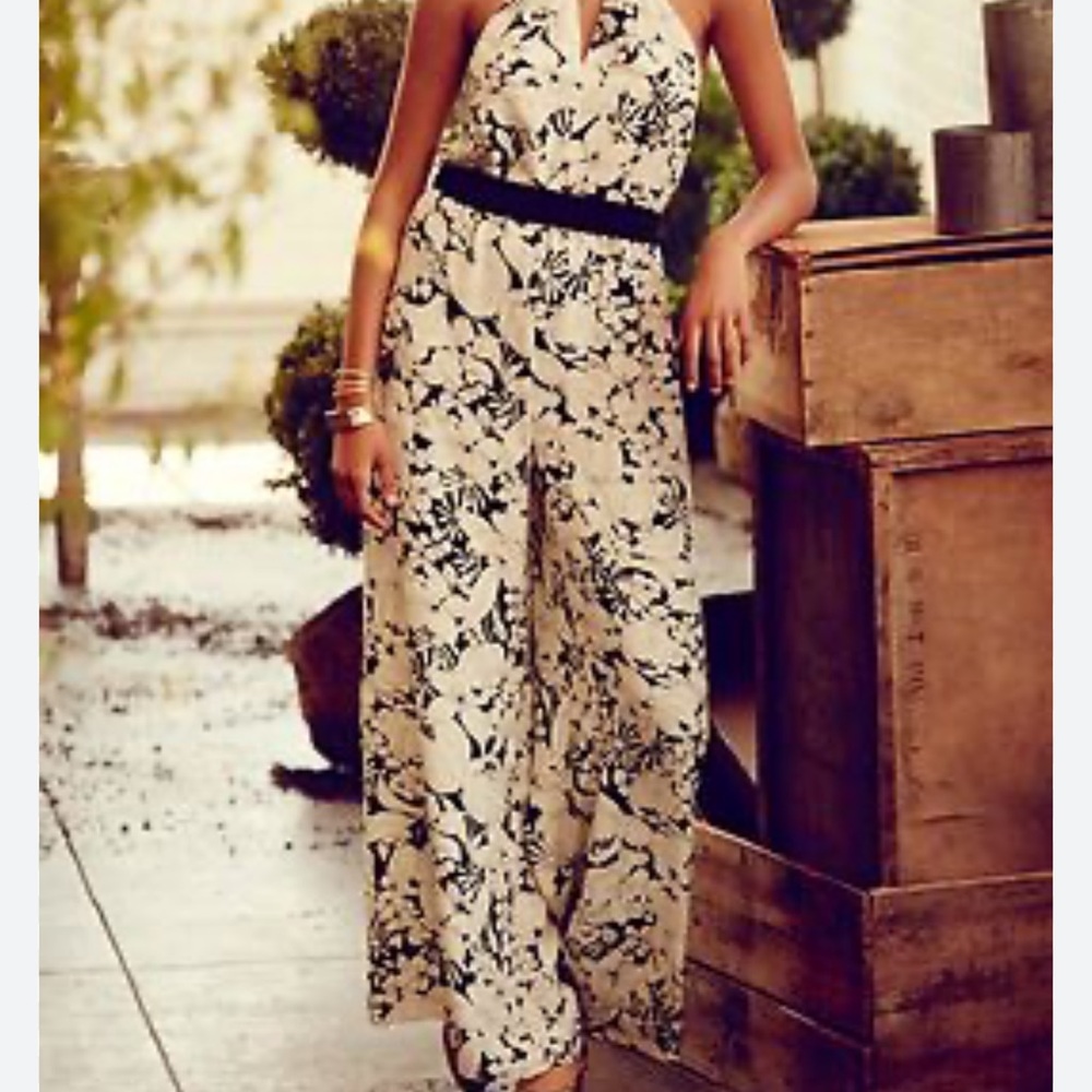 Anthropologie Elevenses Lilium Silk Jumpsuit in a black and cream floral print